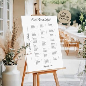 Alphabetical Seating Chart Template Canva, Minimalist Wedding Seating Sign, Elegant Calligraphy Last Name Table Assignment Reception Poster