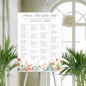 Wildflower Seating Chart Template, Watercolor Floral Wedding Sign (Canva Editable)