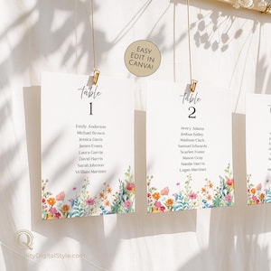 May include: White rectangular wedding seating chart cards hanging from thin gold wires. Each card features the text Table 1 or Table 2, a list of names, and a colorful floral border at the bottom. A circular badge reads EASY EDIT IN CANVA.