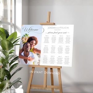 Plantilla de plano de asientos para bodas con fotos en Canva, cartel minimalista de asientos para bodas con imagen, cartel moderno para asignación de mesas para bodas (imprimible)
