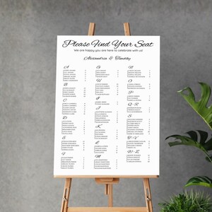 Alphabetical Seating Chart Template Canva, Minimalist Wedding Seating Sign, Elegant Calligraphy Last Name Table Assignment Reception Poster