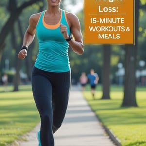 May include: A woman in athletic wear runs on a paved path. She wears a teal tank top with orange trim, black leggings, and teal running shoes. Text on the right reads: "The Busy Person's Guide to Weight Loss: 15-Minute Workouts & Meals. Fast Results, Simple Plan."