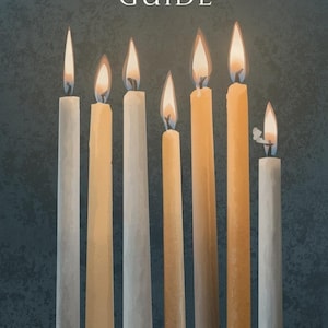May include: Image of a guide titled "Wick Selection & Burn Testing Guide." The image features seven lit candles of varying shades of white and tan against a dark teal background. The flames are bright and detailed.