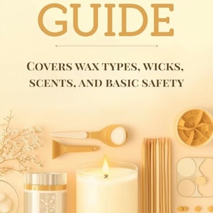 May include: A candle making guide with the title "CANDLE MAKING GUIDE" in brown and gold text. The guide covers wax types, wicks, scents, and basic safety. The image includes candle-making tools, a lit candle, and the G&F ARTISTRY logo.