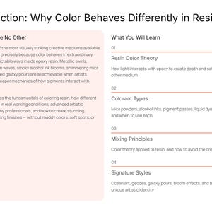 Puede incluir: Una gu&iacute;a digital titulada "Introducci&oacute;n: Por qu&eacute; el color se comporta de manera diferente en la resina". La gu&iacute;a cubre la teor&iacute;a del color de la resina, los tipos de colorantes, los principios de mezcla y los estilos caracter&iacute;sticos.