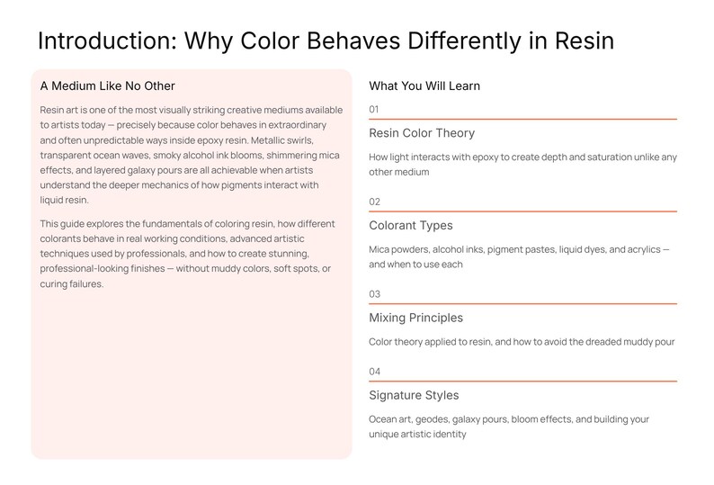 Puede incluir: Una gu&iacute;a digital titulada "Introducci&oacute;n: Por qu&eacute; el color se comporta de manera diferente en la resina". La gu&iacute;a cubre la teor&iacute;a del color de la resina, los tipos de colorantes, los principios de mezcla y los estilos caracter&iacute;sticos.