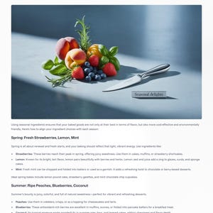 May include: A still-life image featuring fresh seasonal ingredients. The composition includes ripe peaches, strawberries, blueberries, and sprigs of herbs. A silver knife rests beside the fruit, with the text "Seasonal delights" visible.