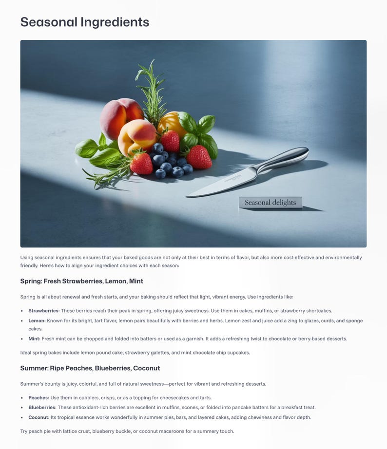 May include: A still-life image featuring fresh seasonal ingredients. The composition includes ripe peaches, strawberries, blueberries, and sprigs of herbs. A silver knife rests beside the fruit, with the text "Seasonal delights" visible.