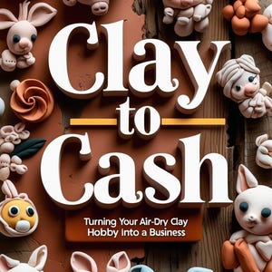 Puede incluir: Una colección de figuras de animales de arcilla que se secan al aire, incluyendo conejos y osos, en varios colores como rosa, naranja y azul, dispuestas alrededor del texto "Clay to Cash". La imagen promueve convertir un hobby de arcilla en un negocio.