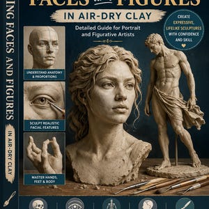 Könnte beinhalten: Ein Buch mit dem Titel The Complete Guide to Sculpting Faces and Figures in Air-Dry Clay. Das Cover zeigt eine Tonbüste einer Frau, eine männliche Ganzkörperfigur und kleinere Anleitungsbilder zu Anatomie, Gesichtszügen und Händen.