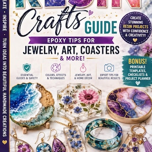 Może przedstawiać: Okładka książki Resin Crafts Guide z poradami dotyczącymi żywicy epoksydowej do biżuterii, sztuki i podstawek. Okładka przedstawia różne projekty z żywicy, w tym kwiatowe wisiorki, sześciokątną podstawkę, fioletową marmurową podstawkę, bransoletkę i brelok z literą.