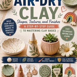 May include: A book cover titled Getting Started with Air-Dry Clay featuring a step-by-step guide to mastering clay basics. The cover displays various clay projects including a leaf dish, ring holder cone, succulent pots, and a rainbow wall hanging.