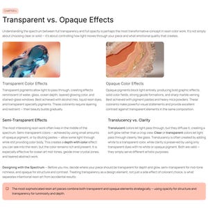 Puede incluir: P&aacute;gina de un libro titulada "Efectos Transparentes vs. Opacos" con texto e im&aacute;genes que ilustran t&eacute;cnicas de arte en resina. La p&aacute;gina analiza los efectos de color, incluyendo transparente, semitransparente y opaco, con ejemplos.