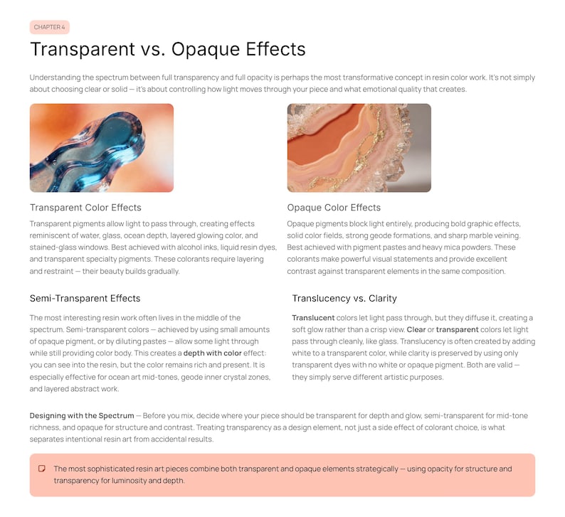 Puede incluir: P&aacute;gina de un libro titulada "Efectos Transparentes vs. Opacos" con texto e im&aacute;genes que ilustran t&eacute;cnicas de arte en resina. La p&aacute;gina analiza los efectos de color, incluyendo transparente, semitransparente y opaco, con ejemplos.