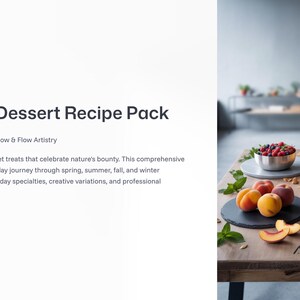 May include: A wooden table displays various desserts and fruits. Small pumpkins, cookies, peaches, and berries are arranged on black and gray plates. The text "Seasonal Dessert Recipe Pack" is visible.