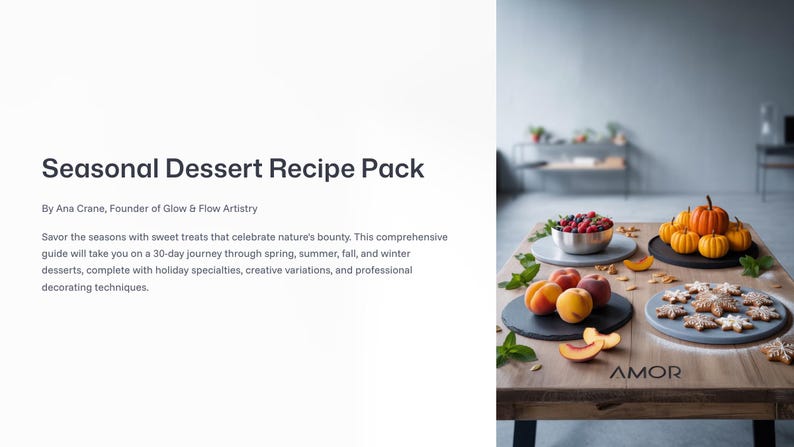 May include: A wooden table displays various desserts and fruits. Small pumpkins, cookies, peaches, and berries are arranged on black and gray plates. The text "Seasonal Dessert Recipe Pack" is visible.