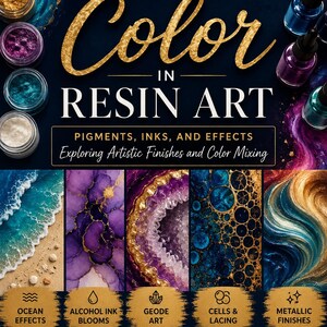 Puede incluir: Imagen promocional para t&eacute;cnicas de arte en resina, con el t&iacute;tulo "Creating with Color in Resin Art". La imagen muestra varios acabados art&iacute;sticos, incluyendo efectos oce&aacute;nicos, flores de tinta alcoh&oacute;lica y arte geoda. Incluye texto sobre teor&iacute;a del color y mezcla.