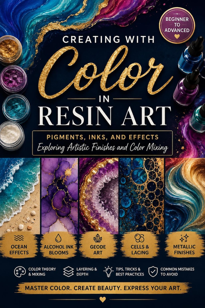 Puede incluir: Imagen promocional para t&eacute;cnicas de arte en resina, con el t&iacute;tulo "Creating with Color in Resin Art". La imagen muestra varios acabados art&iacute;sticos, incluyendo efectos oce&aacute;nicos, flores de tinta alcoh&oacute;lica y arte geoda. Incluye texto sobre teor&iacute;a del color y mezcla.