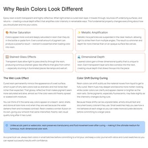 Puede incluir: Gr&aacute;fico informativo que explica por qu&eacute; los colores de la resina se ven diferentes. El texto describe los efectos de la resina en la saturaci&oacute;n del color, la amplificaci&oacute;n met&aacute;lica, los efectos de vidriera y la profundidad dimensional. Tambi&eacute;n trata los cambios de color.