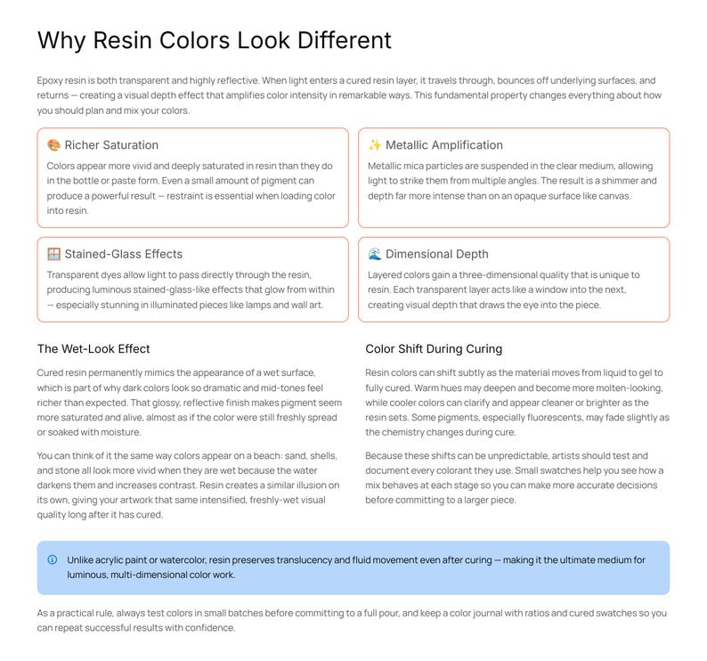 Puede incluir: Gr&aacute;fico informativo que explica por qu&eacute; los colores de la resina se ven diferentes. El texto describe los efectos de la resina en la saturaci&oacute;n del color, la amplificaci&oacute;n met&aacute;lica, los efectos de vidriera y la profundidad dimensional. Tambi&eacute;n trata los cambios de color.