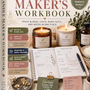 May include: The Candle Maker's Workbook is a spiral-bound organizer featuring sections for recipe logs, burn test trackers, cost calculators, and inventory management. The cover displays candle-making tools, two lit candles, and a pen on an open page.