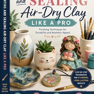 May include: A book titled The Complete Guide to Painting and Sealing Air-Dry Clay Like a Pro. The cover features a vase, a cat-shaped planter, a figurine holding a heart, a dish, and a pendant, alongside text detailing techniques for finishing clay.
