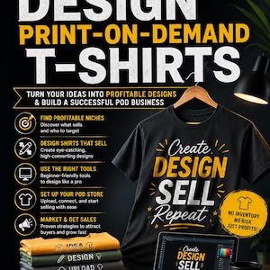 Può includere: Immagine promozionale per la progettazione di magliette su richiesta. L'immagine presenta una maglietta nera con il testo "Create, Design, Sell, Repeat", un laptop e una tazza da caffè. L'immagine promuove un modello di business per principianti.