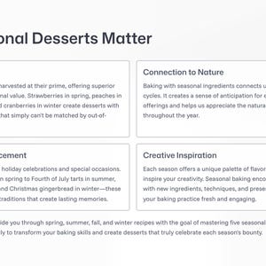 May include: A graphic with the title "Why Seasonal Desserts Matter" and four sections: Flavor at Its Peak, Connection to Nature, Celebration Enhancement, and Creative Inspiration. The image also includes text about a 30-day baking challenge.