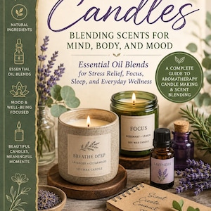 Puede incluir: Una portada de libro titulada Aromatherapy Candles que muestra una vela de soja beige moteada con la etiqueta Breathe Deep, una vela de soja en vidrio verde con la etiqueta Focus, un frasco de aceite esencial de lavanda y un cuaderno de espiral.