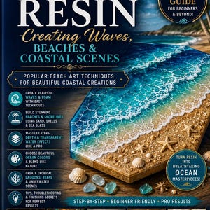 May include: A book titled Ocean Resin: Creating Waves, Beaches & Coastal Scenes. The cover features a resin art piece with blue ocean water, white foam, and sand with seashells. It includes text about techniques, beginner guides, and project examples.