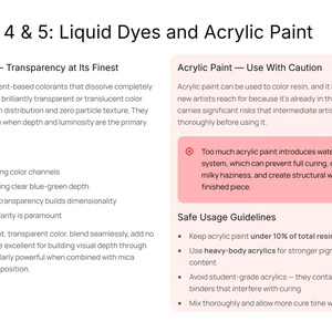 Puede incluir: Gr&aacute;fico informativo que detalla los tintes de resina l&iacute;quida y la pintura acr&iacute;lica para uso art&iacute;stico. El texto destaca los beneficios de los tintes de resina l&iacute;quida para la transparencia y la profundidad, y advierte sobre el uso de pintura acr&iacute;lica. Tambi&eacute;n se proporcionan pautas de uso seguro.
