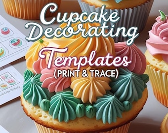 May include: An assortment of cupcakes with colorful frosting. The cupcakes have white, yellow, pink, and blue frosting. The image also includes the text "Cupcake Decorating Templates (Print & Trace)".