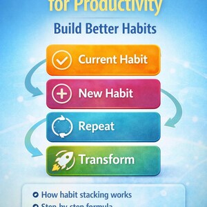 May include: A guide titled "Habit Stacking Guide for Productivity" with a blue and yellow gradient background. It features steps: Current Habit, New Habit, Repeat, and Transform. Additional text includes "How habit stacking works" and "Easy System for Creating Daily Routines."