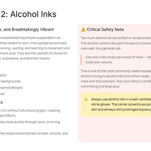 Puede incluir: Gr&aacute;fico informativo sobre tintas alcoh&oacute;licas para arte en resina. El texto describe las cualidades din&aacute;micas, reactivas y vibrantes de las tintas, junto con notas de seguridad. Enumera los mejores usos y caracter&iacute;sticas clave, como la transparencia.