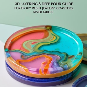 May include: A colorful resin coaster with layered epoxy resin in shades of pink, orange, blue, and purple. The coaster is round with a raised edge. The text "Resin Projects" and "Beginner Resin Art Book" are visible.