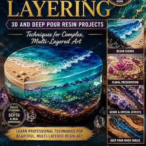 May include: The cover of a book, "The Art of Layering", displays 3D and deep pour resin projects. The main image is a layered resin artwork with ocean and beach features. Other images show ocean scenes, floral preservation, and geode effects.