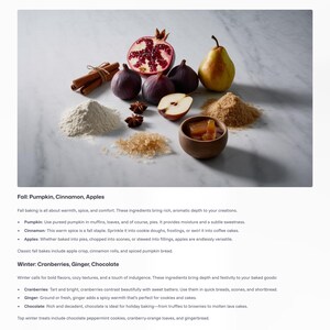 May include: A still-life image featuring ingredients for baking. Includes a halved pomegranate, figs, a pear, cinnamon sticks, flour, brown sugar, star anise, and a small wooden bowl with a preserve.