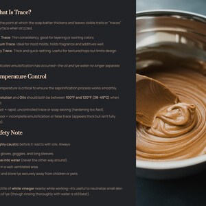 May include: A close-up of a bowl filled with brown soap batter being mixed with a wooden spoon. The image is accompanied by text explaining soapmaking terms like "trace" and safety precautions for handling lye.