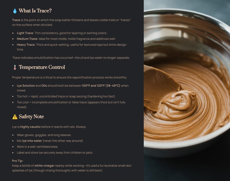 May include: A close-up of a bowl filled with brown soap batter being mixed with a wooden spoon. The image is accompanied by text explaining soapmaking terms like "trace" and safety precautions for handling lye.