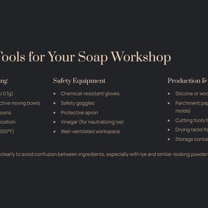 May include: A dark background with text listing essential tools for a soap workshop. The text is divided into three sections: Measurement & Mixing, Safety Equipment, and Production & Curing. Includes a pro tip about labeling containers.