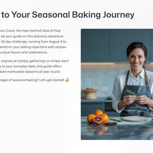 May include: A woman in a kitchen wearing an apron, holding herbs, and smiling. The text "Welcome to Your Seasonal Baking Journey" is at the top. Oranges, herbs, and a cutting board are on the counter.