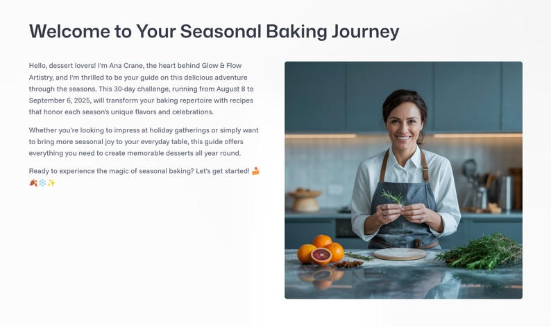 May include: A woman in a kitchen wearing an apron, holding herbs, and smiling. The text "Welcome to Your Seasonal Baking Journey" is at the top. Oranges, herbs, and a cutting board are on the counter.