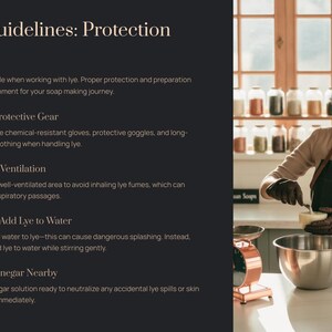 May include: A person wearing protective gear, including gloves and goggles, making soap. The image includes text about safety guidelines for soap making, such as wearing protective gear, ensuring ventilation, and adding lye to water. There are jars of ingredients in the background.