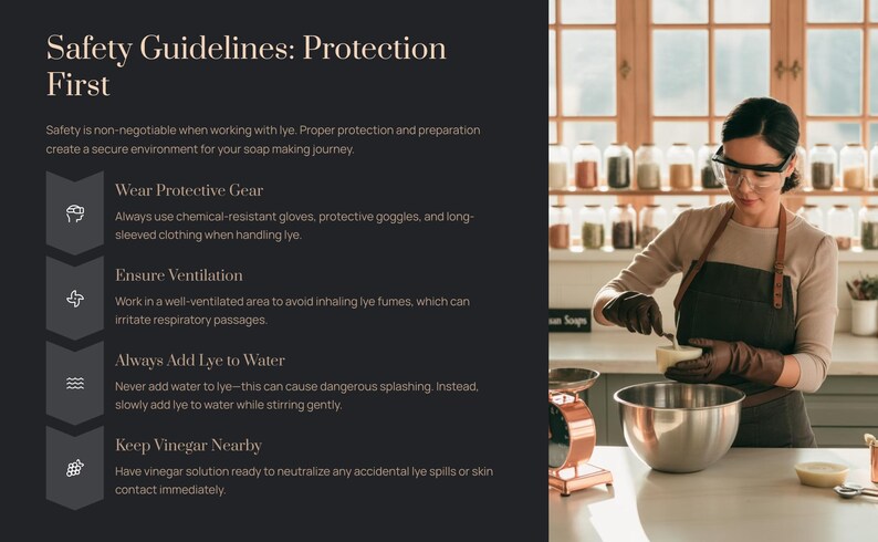May include: A person wearing protective gear, including gloves and goggles, making soap. The image includes text about safety guidelines for soap making, such as wearing protective gear, ensuring ventilation, and adding lye to water. There are jars of ingredients in the background.