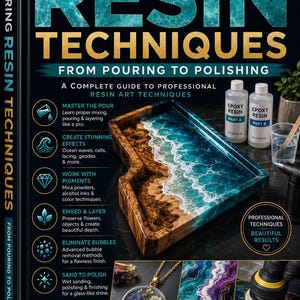 Op de afbeelding: Boekomslag van "Mastering Resin Techniques", een complete gids voor professionele harskunsttechnieken. De afbeelding toont een harskunsttray met een golfontwerp, twee flessen epoxyhars en voorbeelden van harskunst.