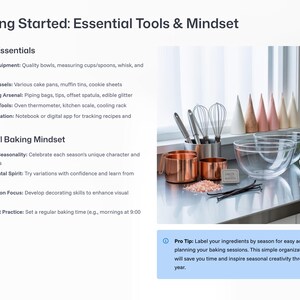 May include: Image of baking essentials and mindset. Includes mixing bowls, whisks, measuring cups, and copper measuring cups. The image also shows a bowl of blueberries, vanilla beans, and a sign that says "Salt Baking". The text says "Getting Started: Essential Tools & Mindset".