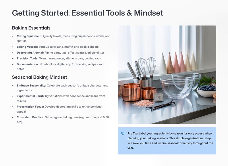 May include: Image of baking essentials and mindset. Includes mixing bowls, whisks, measuring cups, and copper measuring cups. The image also shows a bowl of blueberries, vanilla beans, and a sign that says "Salt Baking". The text says "Getting Started: Essential Tools & Mindset".
