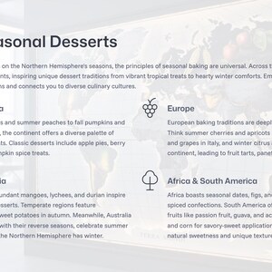 May include: A graphic with the title "Global Seasonal Desserts" and descriptions of desserts from North America, Europe, Asia & Oceania, and Africa & South America. The text describes seasonal ingredients and dessert traditions.