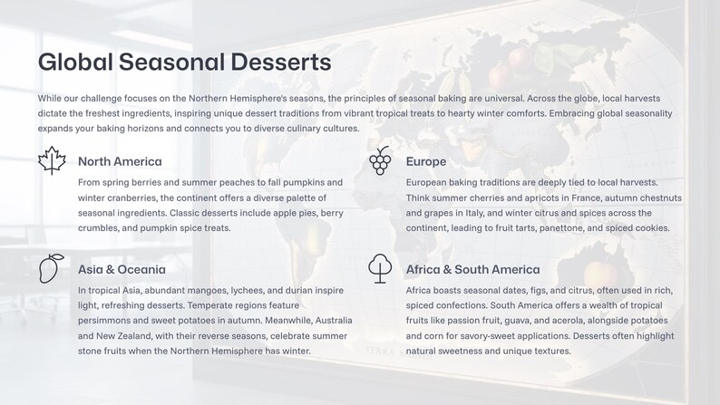 May include: A graphic with the title "Global Seasonal Desserts" and descriptions of desserts from North America, Europe, Asia & Oceania, and Africa & South America. The text describes seasonal ingredients and dessert traditions.