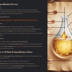 May include: An educational diagram on the saponification process, showing the chemical reaction of fats and oils with lye to produce soap and glycerin. The image includes a flask with a golden liquid and text explaining the process and its importance.